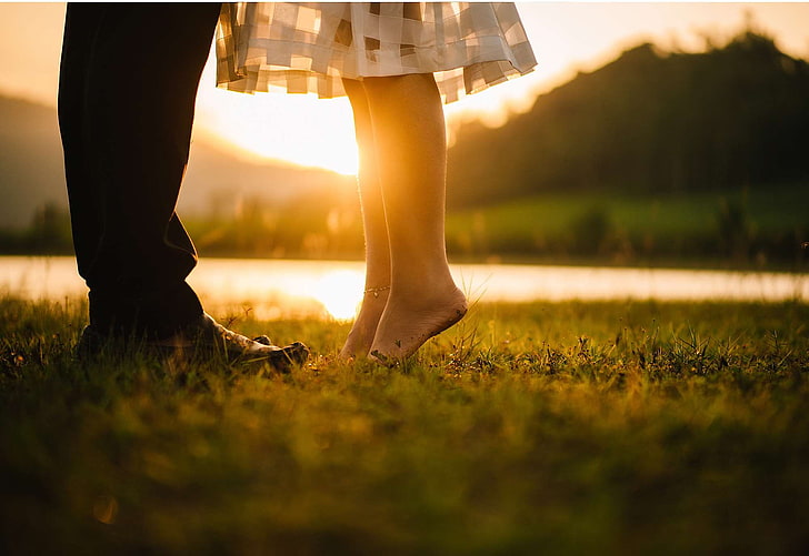 affection, blur, close up, couple, environment, feet, focus, grass, lake, legs, man, nature, romantic, sunrise, sunset, togetherness, trees, woman, royalty  images, HD wallpaper