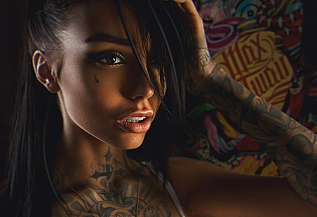 tattoo, women, eyes, lips, Max Twain, brown eyes, HD wallpaper HD wallpaper