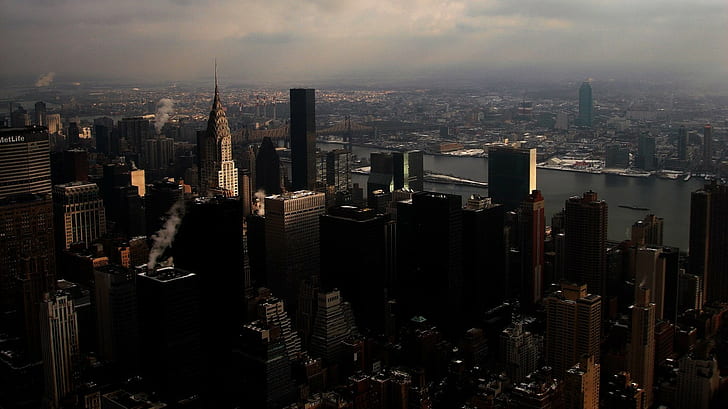 Ню Йорк, град, силует, река, сграда, небостъргач, HD тапет