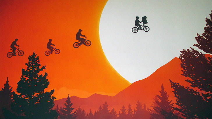 pomarańczowo-czarna tkanina z nadrukiem kwiatowym, E.T., filmy, zachód słońca, rower, Steven Spielberg, Tapety HD