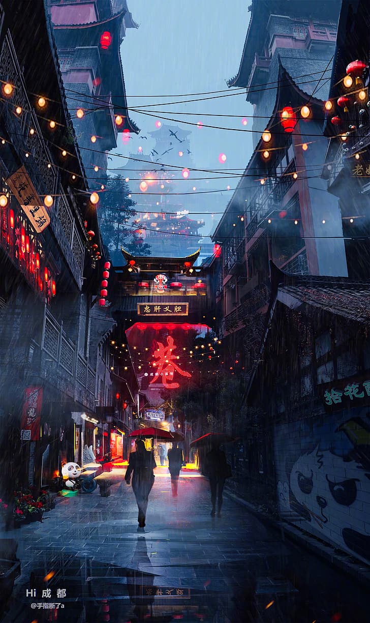 cyberpunk, Chinese architecture, panda, lantern, chengdu, city, HD wallpaper