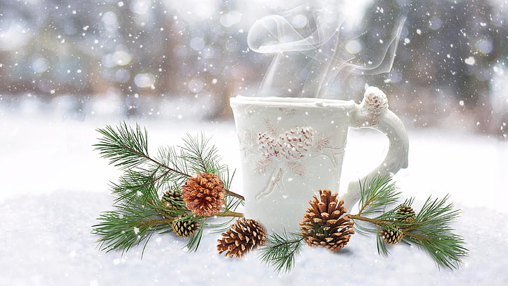 evergreen, cafe, christmas decoration, cup, mug, twig, pine, drink, snow, christmas, coffee, branch, conifer, snowfall, fir, pine family, tree, winter, steam, snowing, HD wallpaper