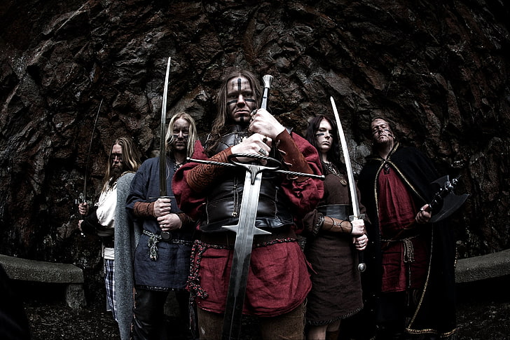 men holding gray swords digital wallpaper, ensiferum, pagan metal, folk metal, finnish, rock, HD wallpaper