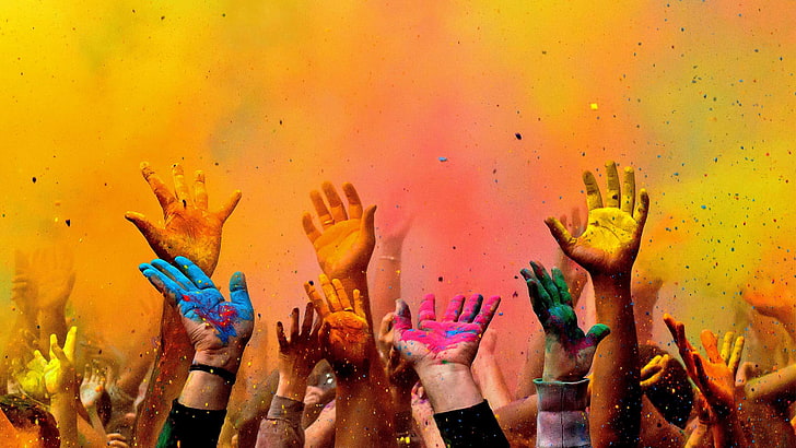 person's hands, paint, spring, hands, Washington, USA, festival, DC, Holi, HD wallpaper
