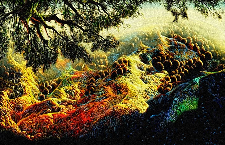 paisaje, representación, lienzo, acrílico, reproducción de la obra de Eivind Earle (Earle Eyvind, Over the autumn hills, Fondo de pantalla HD