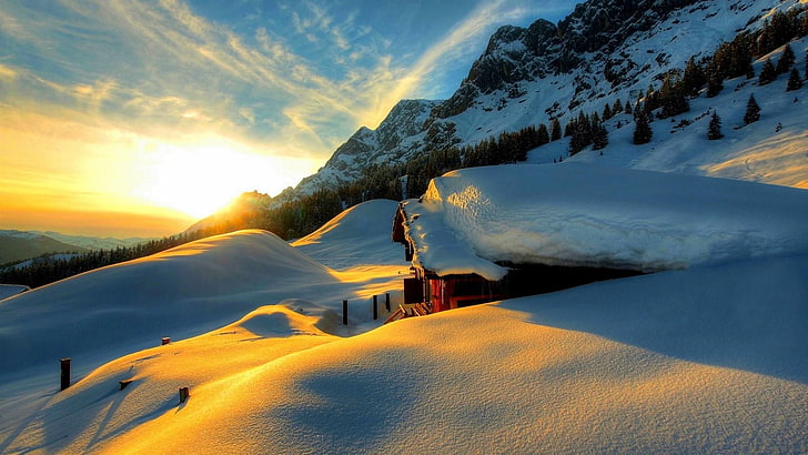 salju, langit, alam, musim dingin, awan, pegunungan, gunung, pagi, diselimuti salju, beku, sinar matahari, bersalju, Wallpaper HD