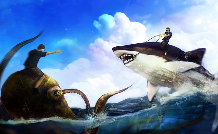 man riding shark painting, sea, humor, shark, art, rage, octopus, mouth, tentacles, rider, guys, the fight, top, HD wallpaper