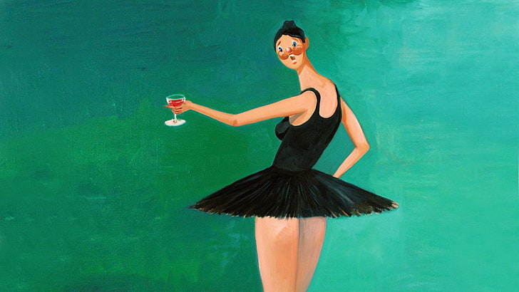ワイングラスの絵画、ヒップホップ、カニエ・ウェストを保持している黒いチュチュドレスの女性、 HDデスクトップの壁紙