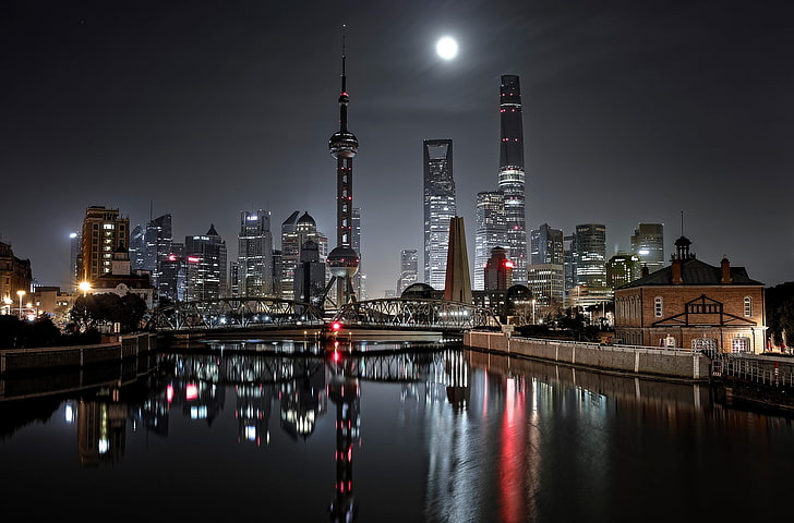 オリエンタルパールタワー、中国上海、都市、都市、夜、上海、中国、 HDデスクトップの壁紙