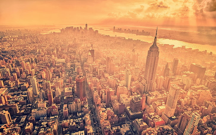ilustrasi bangunan kota, lanskap kota, kota, perkotaan, filter, Kota New York, sinar matahari, Empire State Building, Wallpaper HD