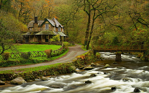 House, river, forest, park, trees, bridge, spring, House, River, Forest, Park, Trees, Bridge, Spring, HD wallpaper HD wallpaper