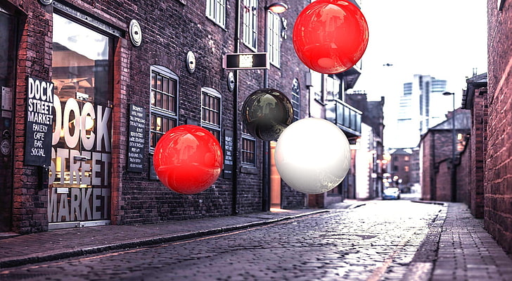 Realistic 3D Spheres On Street, red, black, and white balloons, Aero, Creative, spheres street, 3d, 3dcinema4d, c4d, animation, rodah, rd, reallife, irl, cool, amazibg, beautiful, market, notreal, download, pro, black, red, whiet, sky, HD wallpaper