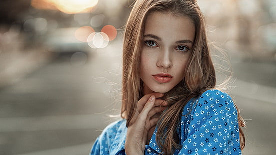 femmes, brunette, yeux marrons, visage, portrait, chemise bleue, profondeur de champ, Georgy Chernyadyev, Fond d'écran HD HD wallpaper