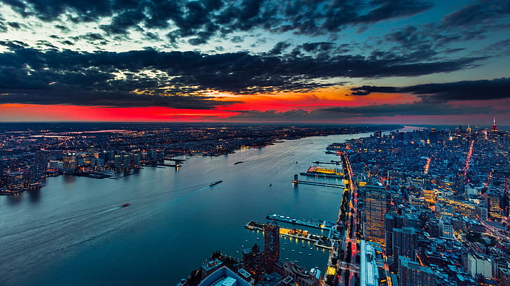 clouds, USA, Manhattan, water, building, cityscape, Hudson River, evening, sunset, New York City, city, HD wallpaper