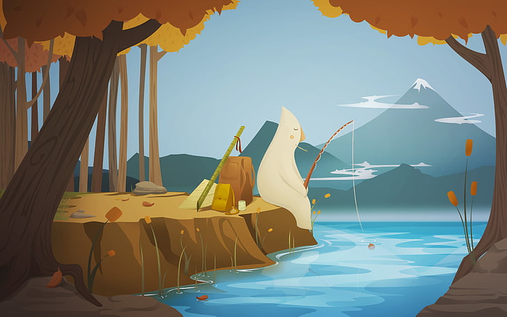 person fishing illustration, polar panda fishing on river beside tree painting, fishing, forest, lake, artwork, drawing, vector, minimalism, digital art, fantasy art, HD wallpaper