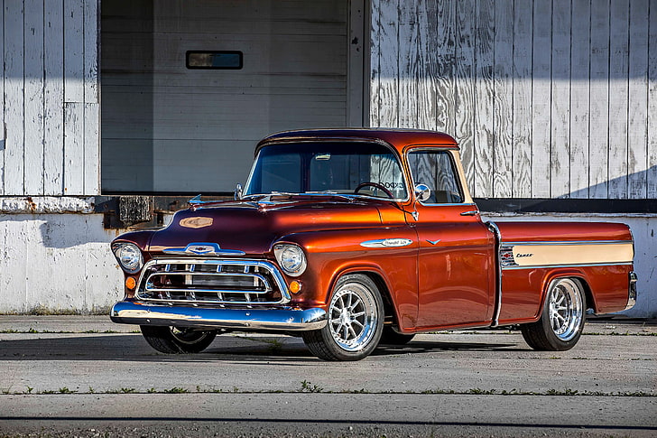 1957, auto, automobile, cameo, car, chevrolet, custom, hot, hotrod, pickup, rod, streetrod, truck, vehicle, HD wallpaper