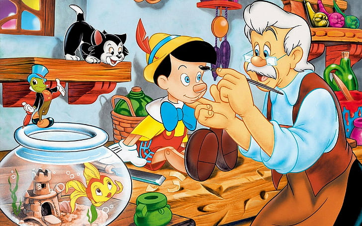 Pinocchio Geppetto And Jiminy Cricket Cartoon Walt Disney Pictures Hd Wallpaper 1920 × 1200, HD тапет