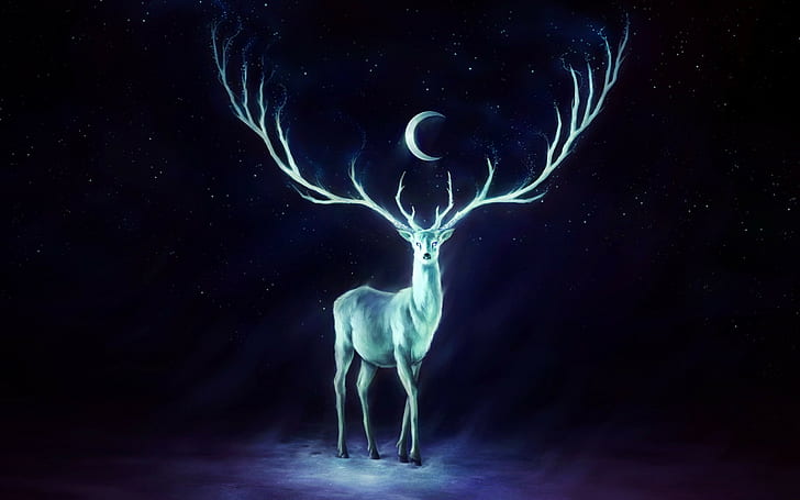 deer, antlers, artwork, animals, painting, crescent moon, fantasy art, stags, HD wallpaper