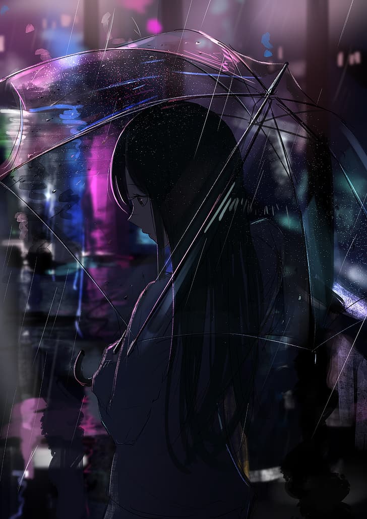 Tararelux, schwarzes Haar, Hold, langes Haar, lange Ärmel, Sonnenschirm, Regen, Reflexion, Solo, Transparenz, Regenschirm, Aquarell, HD-Hintergrundbild, Handy-Hintergrundbild