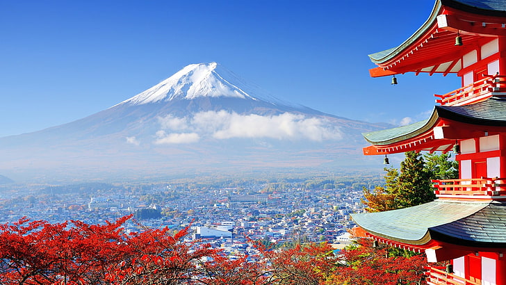 Mount Fuji, Japan, Japan, mountains, Mount Fuji, Asian architecture, building, nature, trees, HD wallpaper