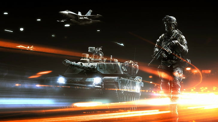 artwork video games battlefield 3 soldier tank jet fighter light trails, HD wallpaper