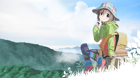anime kızlar, anime, Yama no Susume, sırt çantaları, şapka, HD masaüstü duvar kağıdı HD wallpaper