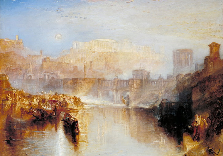 krajobraz, most, rzeka, łódź, obraz, gatunek, starożytny Rzym, William Turner, Tapety HD