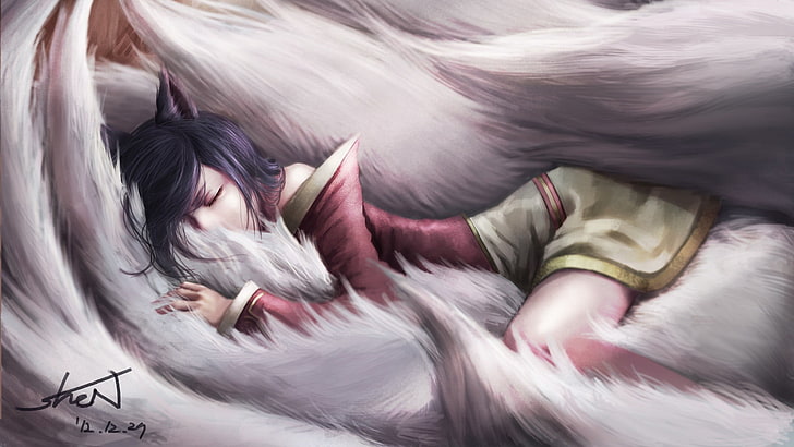 female anime character in red and yellow dress lying on white fur, Ahri, League of Legends, sleeping, anime, anime girls, animal ears, video games, HD wallpaper