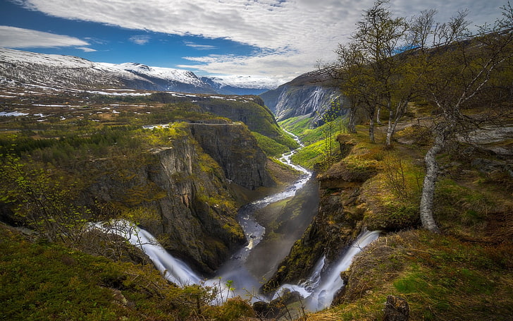 폭포와 푸른 나무, 자연, 풍경, 폭포, 협곡, 강, 노르웨이, 나무, 산, 구름, 눈 덮인 피크, 관목, HD 배경 화면