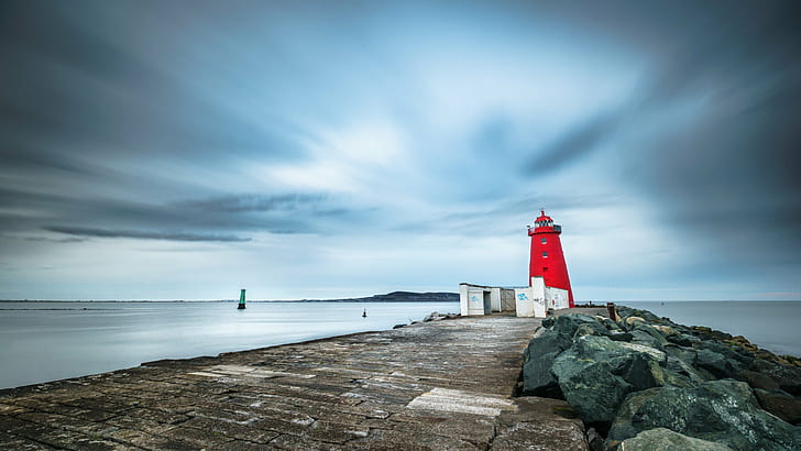 red lighthouse on concrete dock end, dublin, ireland, dublin, ireland, lighthouse, Dublin, Ireland, Seascape, photography, concrete, dock, end, clouds, europe, full frame, geotagged, long, motion, poolbeg, red  rocks, sea, sky, sony a7, fe, ultra, water, weather, IE, coastline, beacon, tower, rock - Object, HD wallpaper