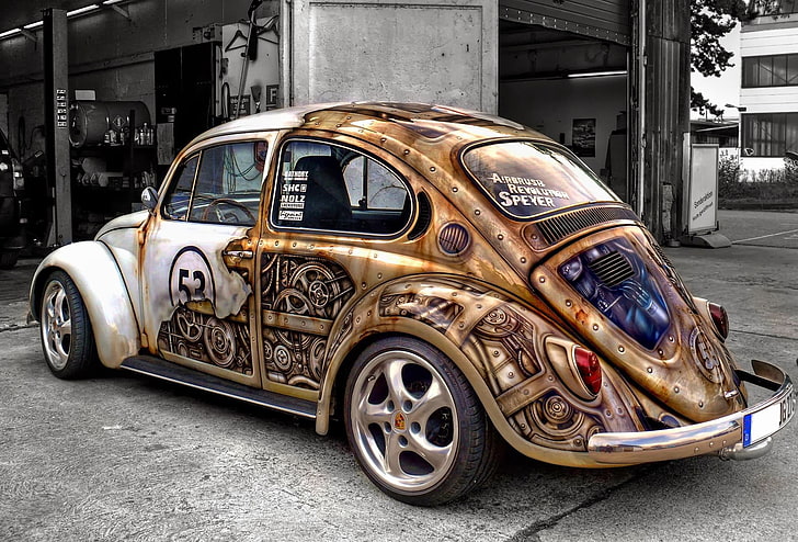 coche, engranajes, coche viejo, steampunk, Volkswagen Beetle, Fondo de pantalla HD