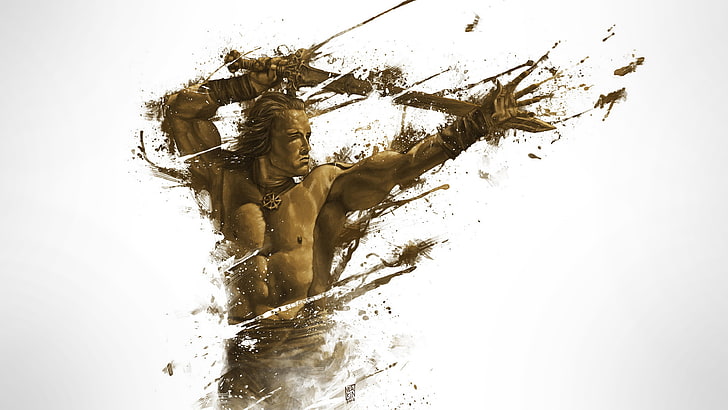Barbarens Conan, digital konst, vektor, fantasikonst, bar överkropp, svärd, Arnold Schwarzenegger, vit bakgrund, HD tapet