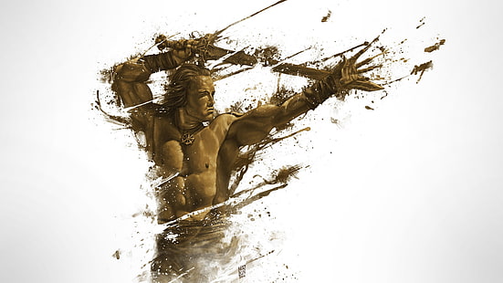 Conan, o bárbaro, arte digital, vetor, arte de fantasia, sem camisa, espada, Arnold Schwarzenegger, fundo branco, HD papel de parede HD wallpaper