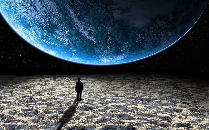Креативна повърхност на планети Пясък Фентъзи Космос, човек стои и гледа пред земята, фантазия, космос, креатив, повърхност на планети, космическа фантазия, пясък, HD тапет