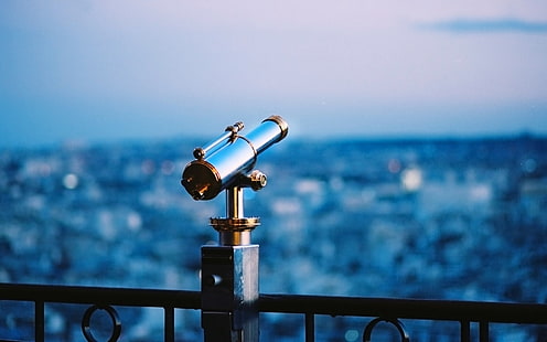 stainless steel telescope, telescope, city, evening, form, structure, HD wallpaper HD wallpaper
