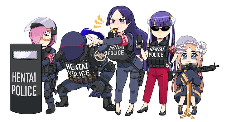 hentai, anime girls, anime men, police, white background, humor, HD wallpaper