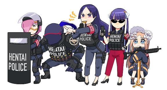 hentai, chicas anime, hombres anime, policia, fondo blanco, humor, Fondo de pantalla HD HD wallpaper