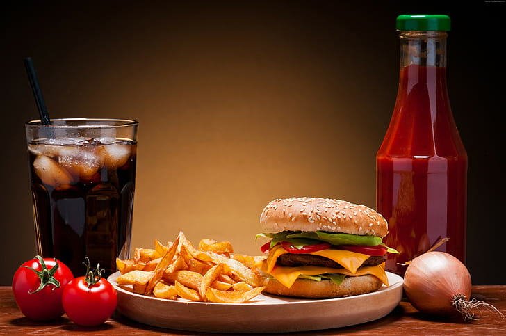 salsa de tomate, hamburguesa con queso, papas fritas, queso, hielo, cebolla, filete, coca-cola, tomates cherry, comida rápida, Fondo de pantalla HD