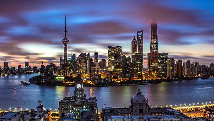 shanghai, china, shanghai bund, oriental pearl tower, light, night, city, asia, dusk, cityscape, huangpu river, river, HD wallpaper