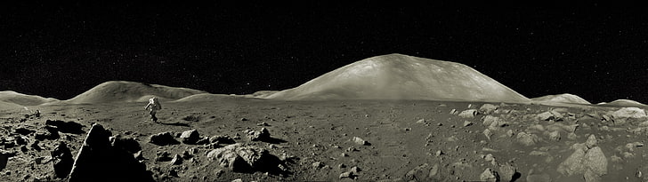 brown rock, multiple display, landscape, Moon, astronaut, HD wallpaper