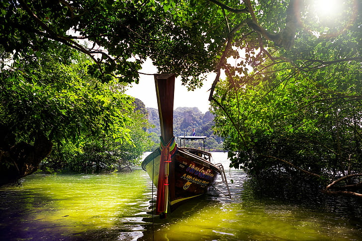Тайландски джунгли, Тайланд, джунгли, вода, лодка, дървета, HD тапет