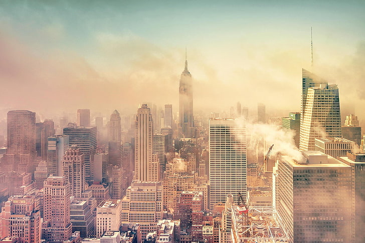 Gedung Empire State, kota, langit, pagi, asap, Kota New York, Wallpaper HD