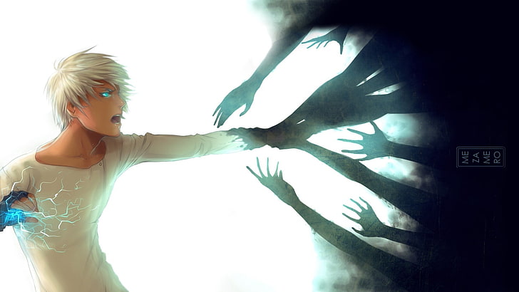иллюстрация персонажа аниме с желтыми волосами, мужчины, белые волосы, голубые глаза, огни, существо, Эмбрион Мира, произведение искусства, мальчики аниме, HD обои