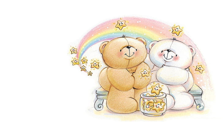 night, rainbow, stars, art, bear, pair, date, children's, Forever Friends Deckchair bear, HD wallpaper