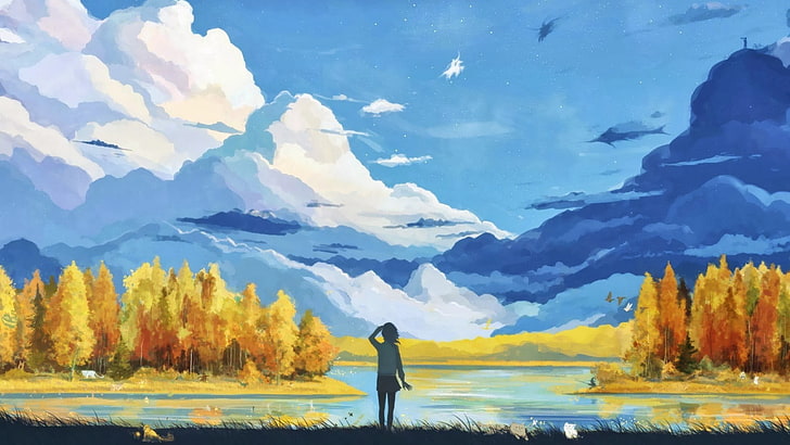 artwork, anime girls, anime, fall, sky, clouds, cyan, yellow, lake, HD wallpaper