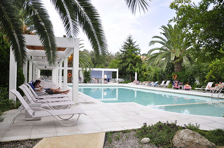 corfu, holiday, hotel, lounger, palm tree, pool, swimming pool, HD wallpaper