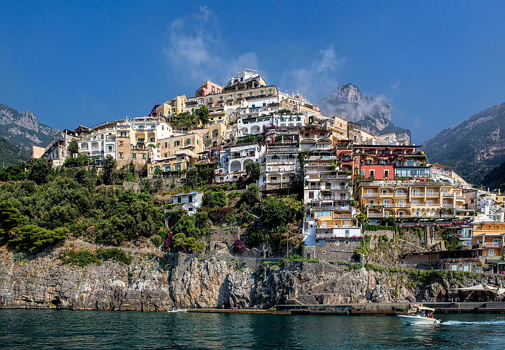karışık renkli beton evler ve dağ, gökyüzü, bulutlar, dağ, ev, yamaç, İtalya, Positano, Salerno, HD masaüstü duvar kağıdı