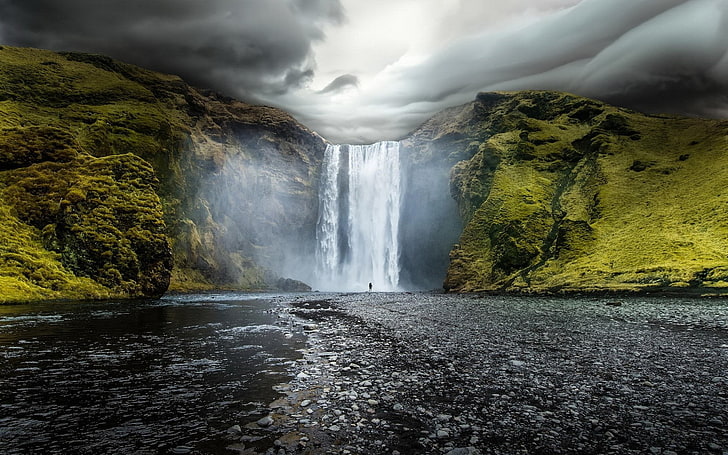 Водопады, Водопад Skógafoss, Облако, Холм, Исландия, Водопад, HD обои