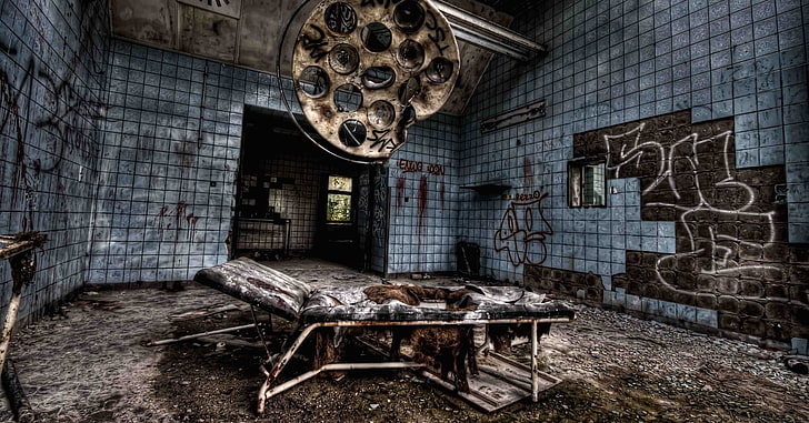 sillón acolchado con estructura de metal negro y gris, HDR, abandonado, Chernobyl, ruina, Fondo de pantalla HD