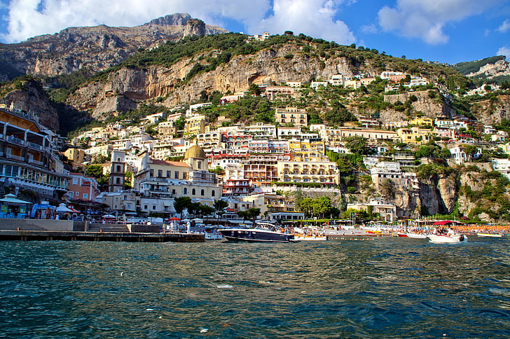 laut, gunung, rumah, Teluk, kapal pesiar, lereng, Italia, Positano, Salerno, Wallpaper HD